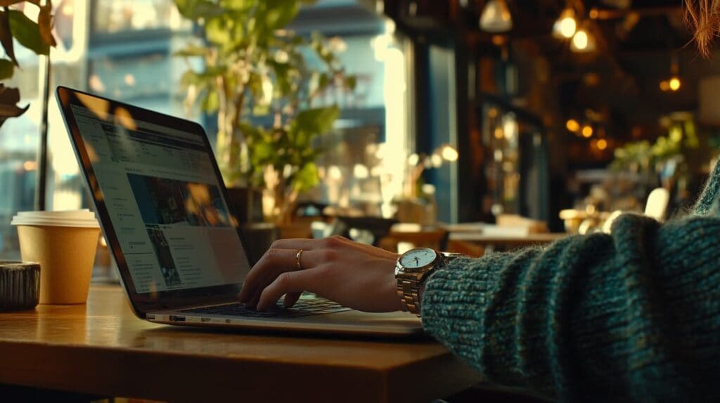 A person wearing a stylish dress watch with a white dial and gold bracelet while working on a laptop in a cozy coffee shop.