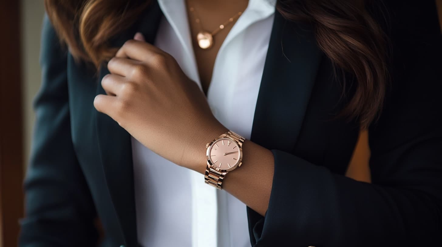 Woman in a dark blazer wearing a rose gold bracelet watch and pendant necklace