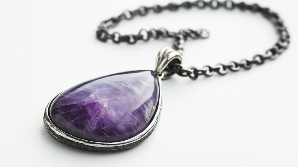 Beautiful Sugilite pendant with a polished purple stone set in a silver bezel, hanging on a black chain.