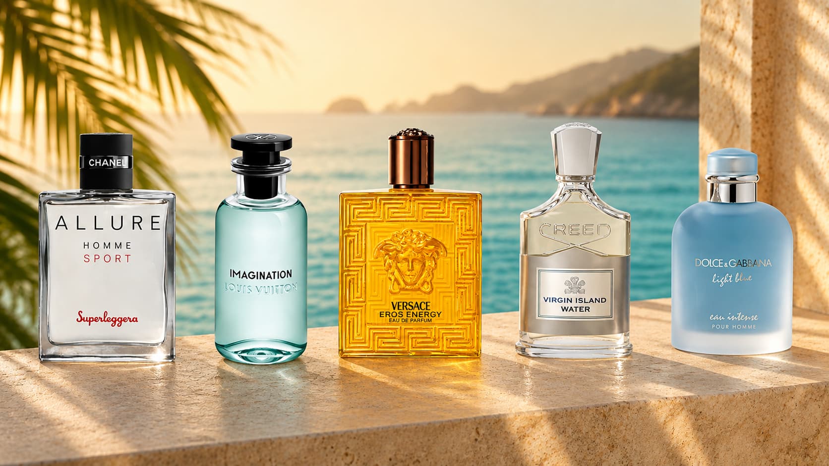 Summer perfume collection featuring Chanel Allure Homme Sport Superleggera, Louis Vuitton Imagination, Versace Eros Energy, Creed Virgin Island Water, and Dolce & Gabbana Light Blue Eau Intense by the sea