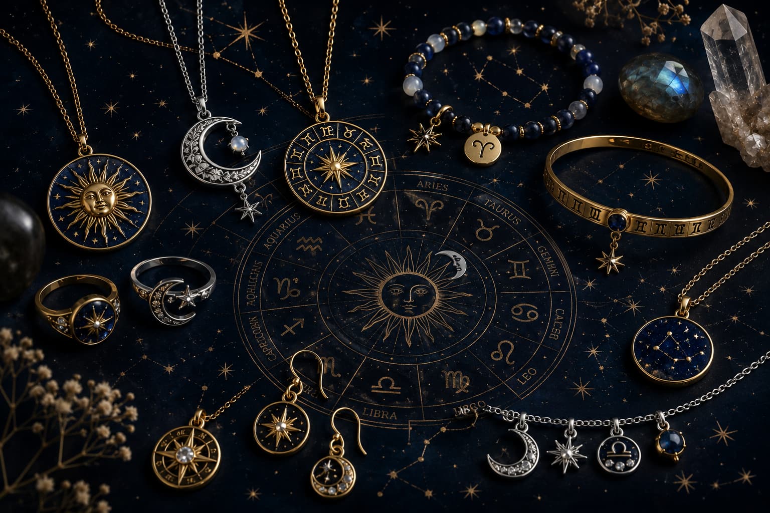 Sun, moon, and zodiac jewelry collection including pendants, rings, and bracelets on a starry astrology chart background