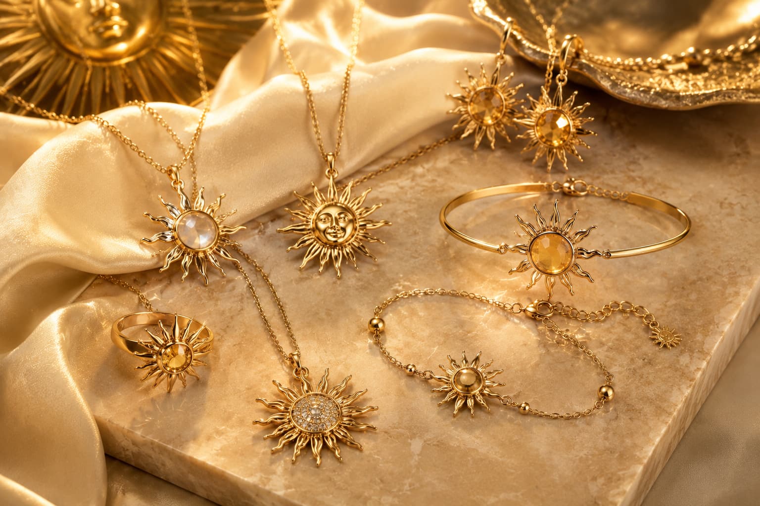 Gold sun-shaped jewelry collection including necklaces, earrings, a ring, and a bracelet