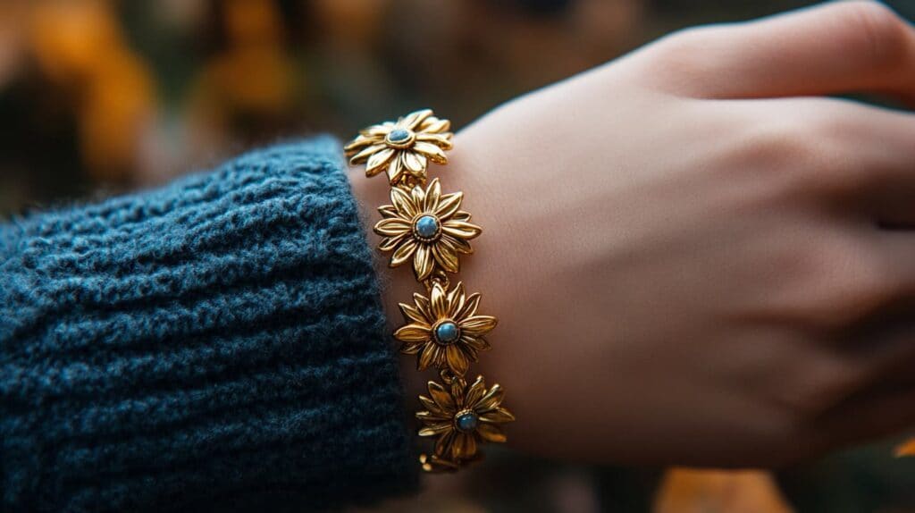 Gold sunflower bracelet with multiple floral charms, symbolizing joy, resilience, and connection to nature.