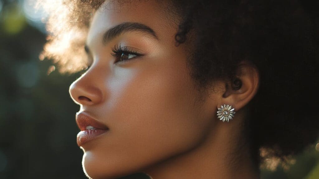 Close-up of a woman wearing a sunflower earring, symbolizing optimism and dedication in jewelry design.