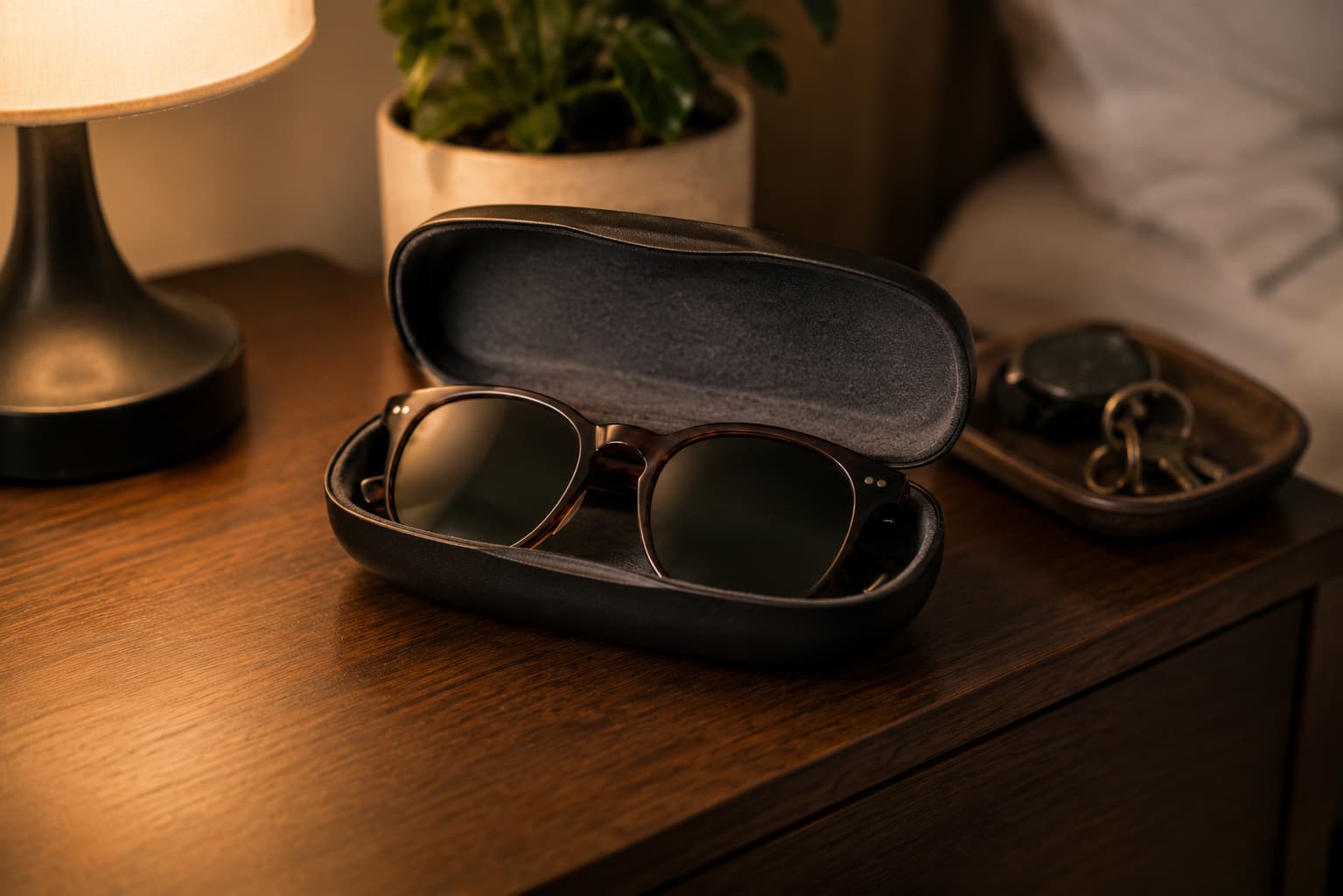 Sunglasses stored in a hard-shell case on a nightstand