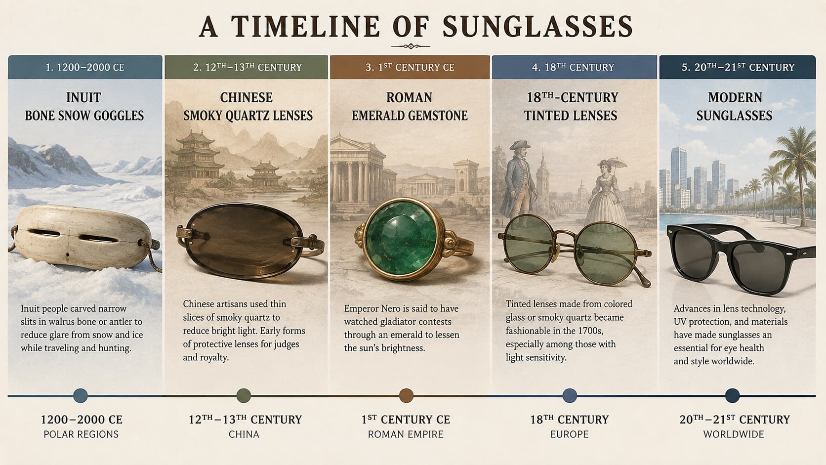 Timeline of sunglasses history from Inuit snow goggles to modern sunglasses across five eras