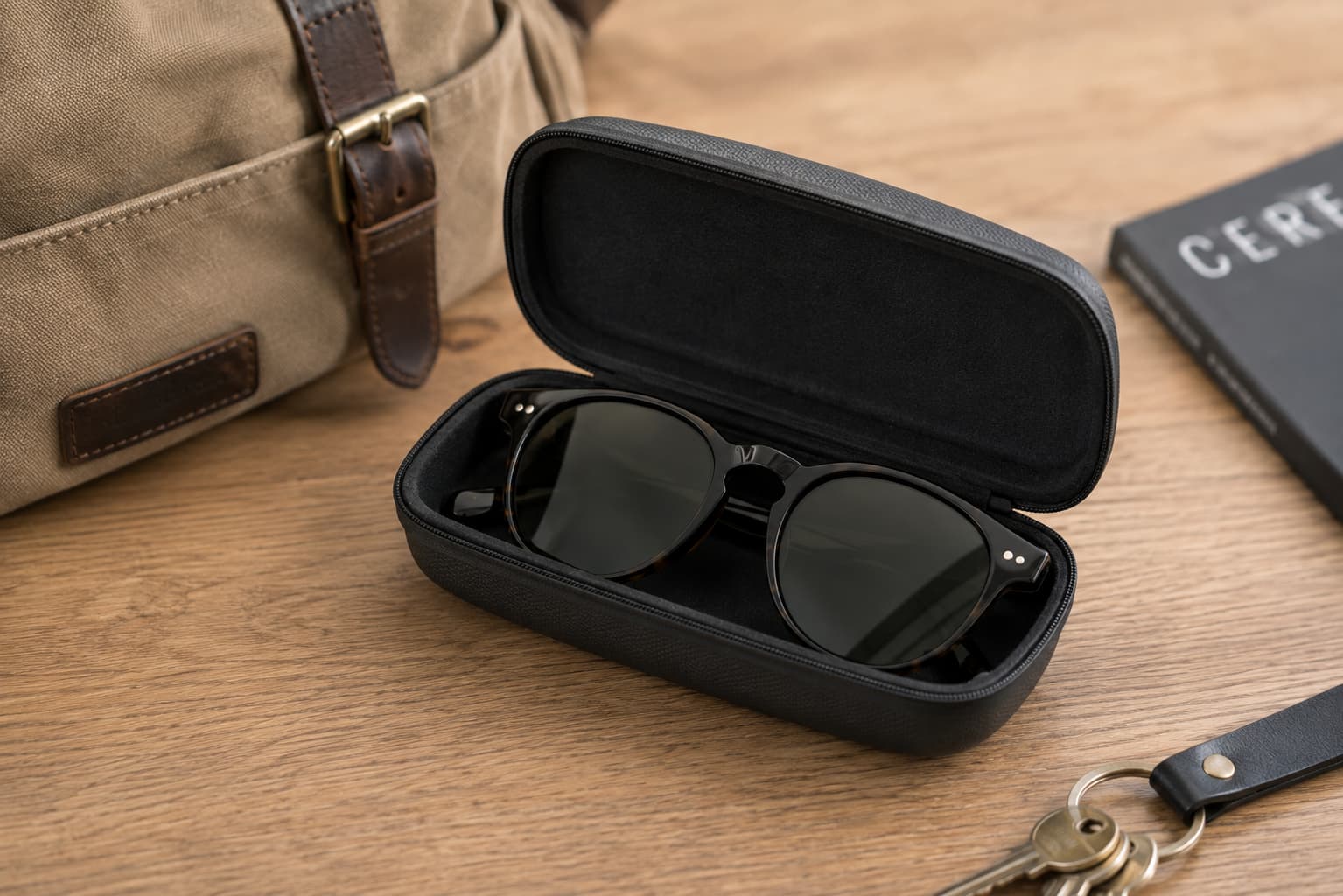 Sunglasses stored inside a protective hard case