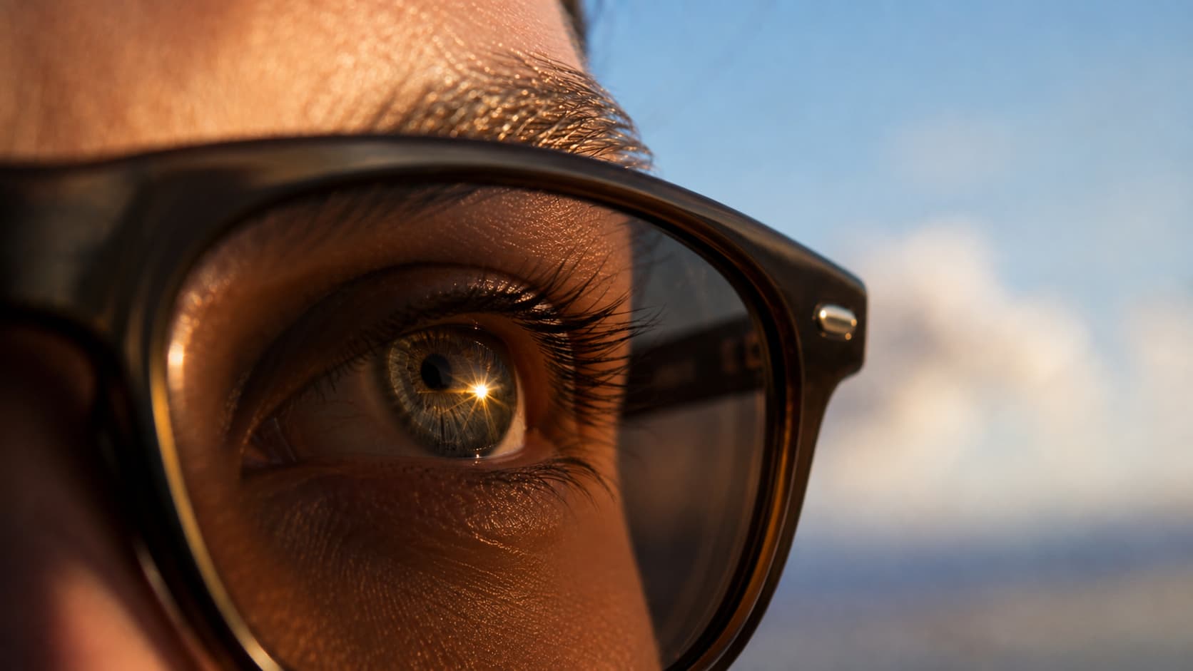 Close-up of an eye reflecting sunlight through a sunglasses lens