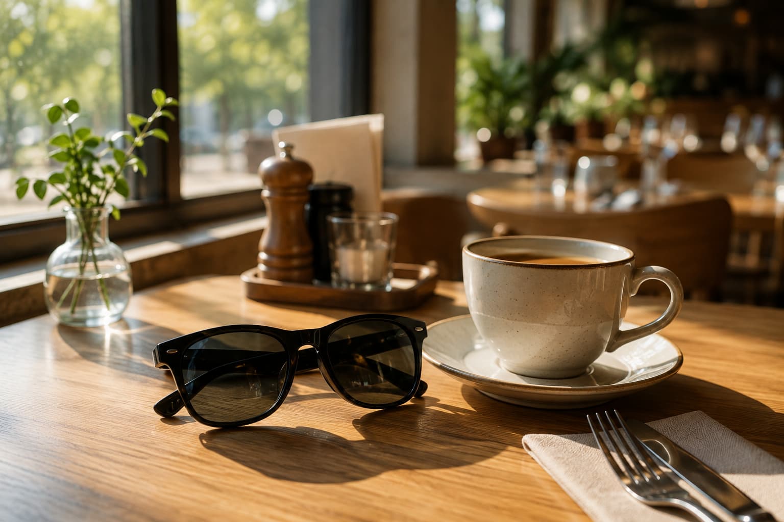 Folded sunglasses resting on a wooden restaurant table next to a cup of coffee