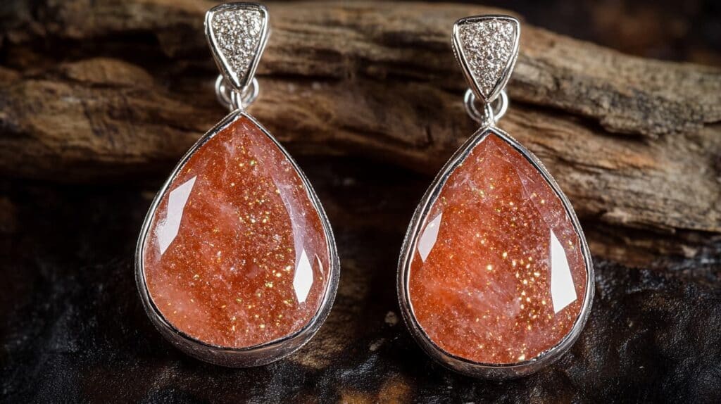 Elegant teardrop-shaped sunstone dangle earrings with silver settings, highlighting the gemstone's warm orange tones and sparkling aventurescence.