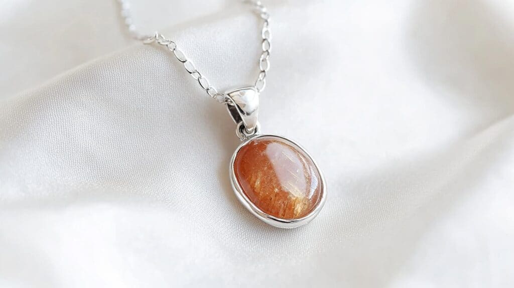 Oval sunstone pendant featuring a cabochon-cut gemstone with vibrant orange hues and shimmering aventurescence, set in silver on a delicate chain.