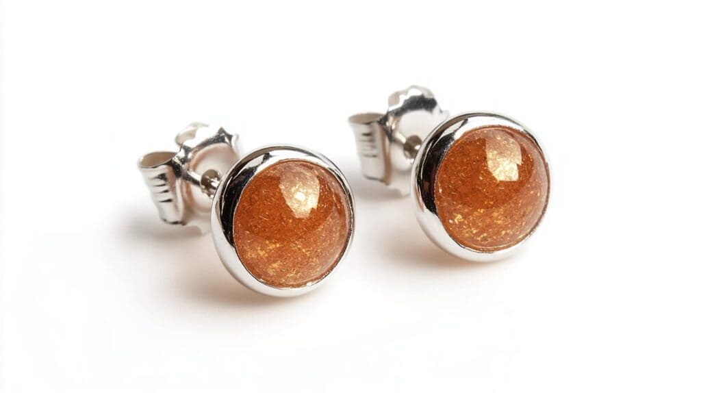 Pair of sunstone stud earrings with cabochon-cut gemstones in a polished silver setting, showcasing warm copper shimmer and aventurescence.