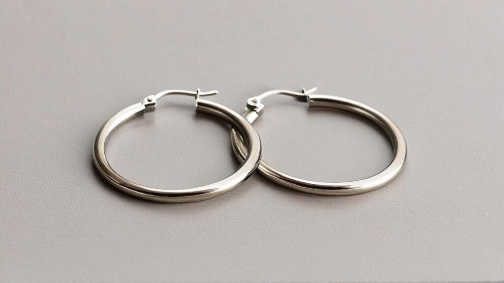 Surgical steel hoop earrings on light gray background - hypoallergenic option for people with metal allergies