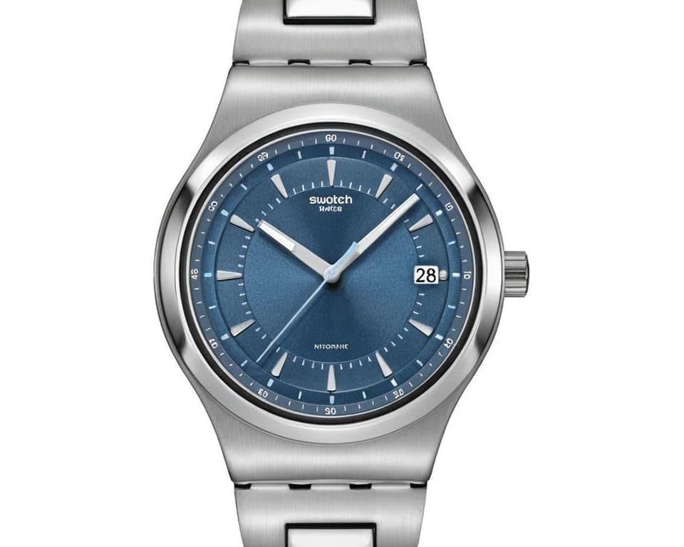 Swatch Irony with blue sunray dial, date window and steel bracelet