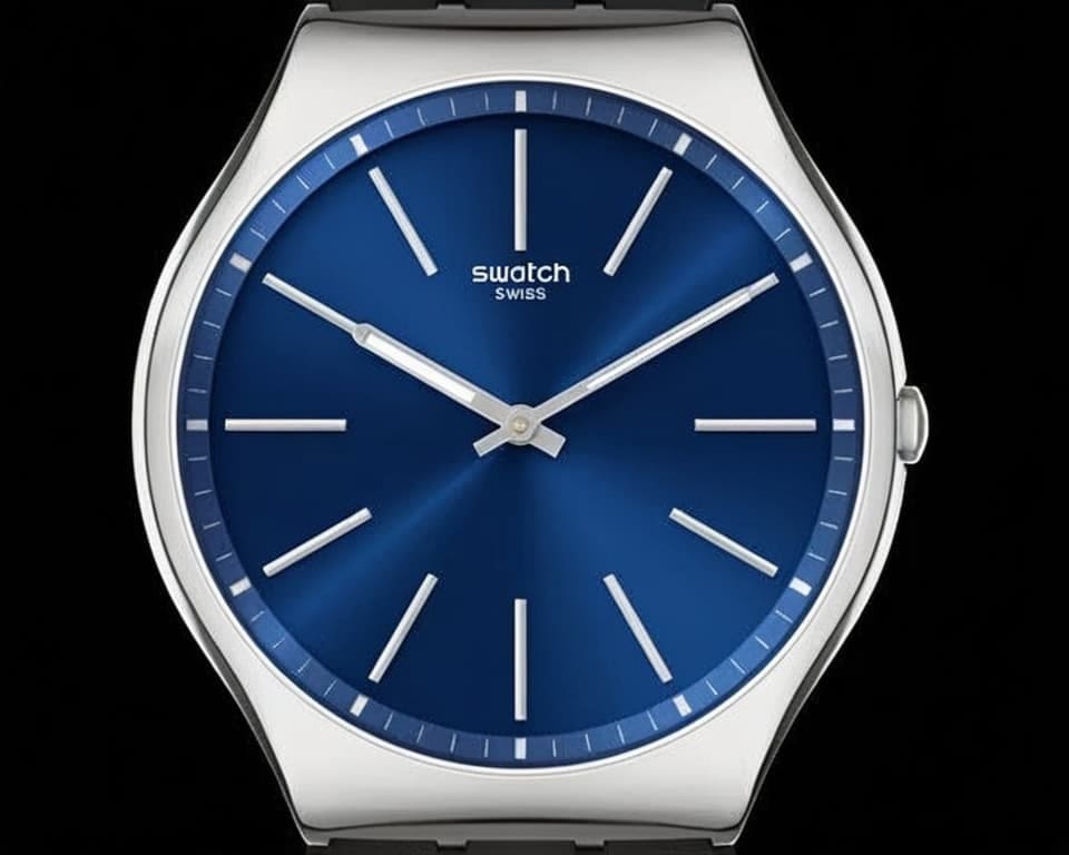 Minimalist Swatch watch with deep blue dial and clean white indices, showcasing Swiss craftsmanship and understated elegance for everyday wear