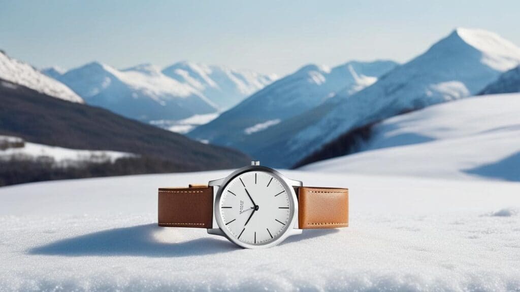 Swedish minimalist watch with brown leather strap against snowy Scandinavian mountains