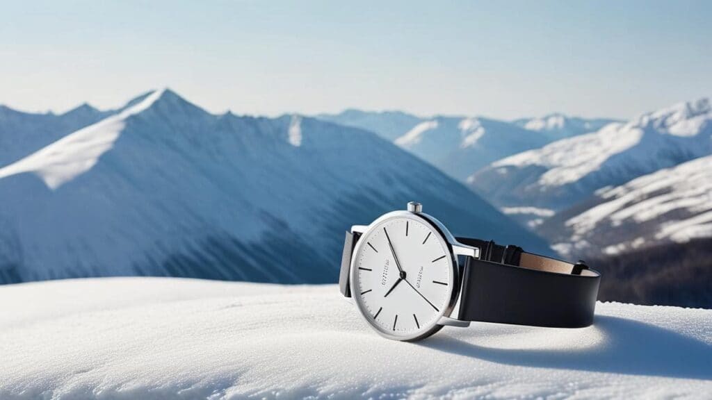 Swedish-designed watch with black leather strap displayed on snow with Swedish mountain backdrop