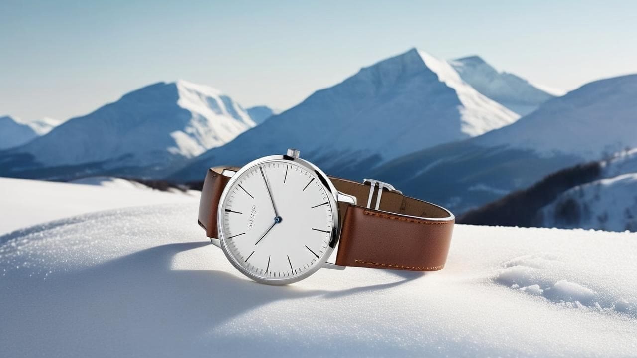 Minimalist watch with white dial and tan leather strap on snow before mountains