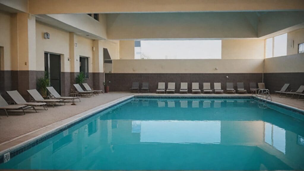 Indoor swimming pool with chlorinated water showing high-risk environment for piercing jewelry that requires immediate cleaning afterward