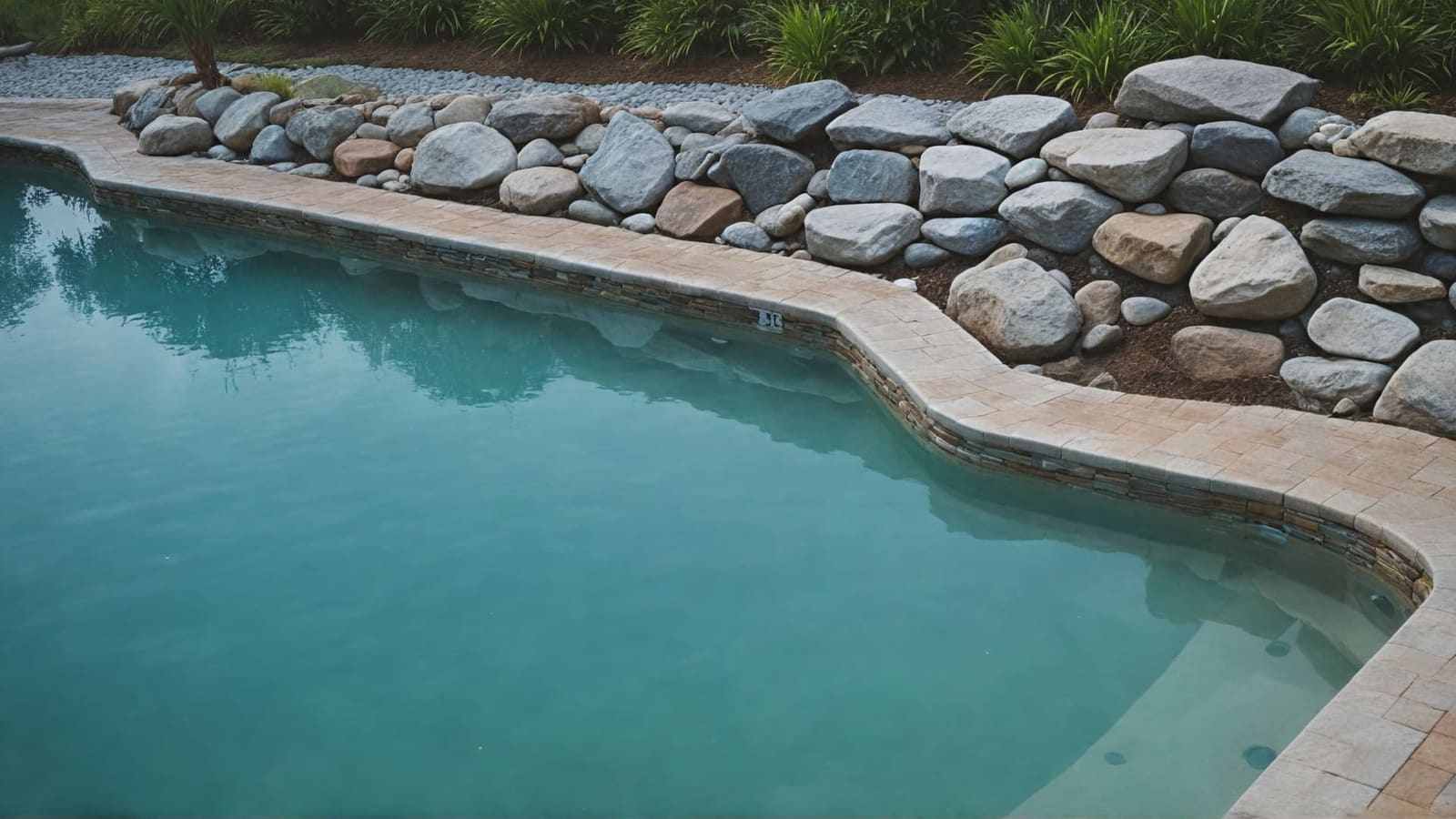 Backyard swimming pool with turquoise water edged by large landscaping boulders