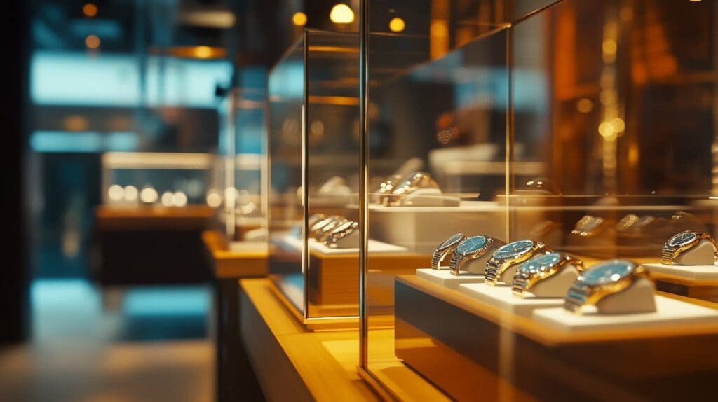 A Swiss watch showroom showcasing a variety of affordable timepieces in glass display cases, emphasizing precision craftsmanship and design.