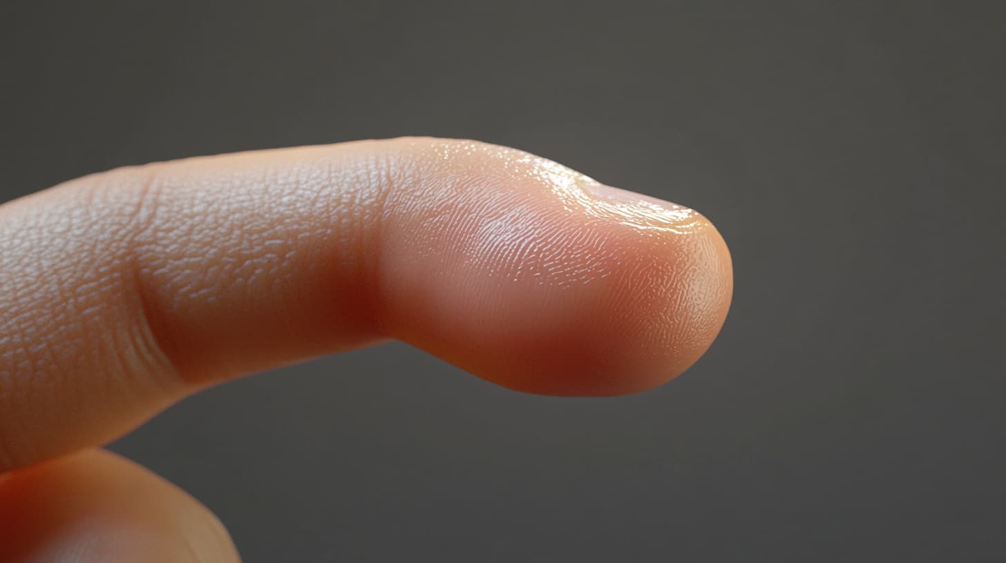 Close-up profile of a puffy swollen finger against a grey background
