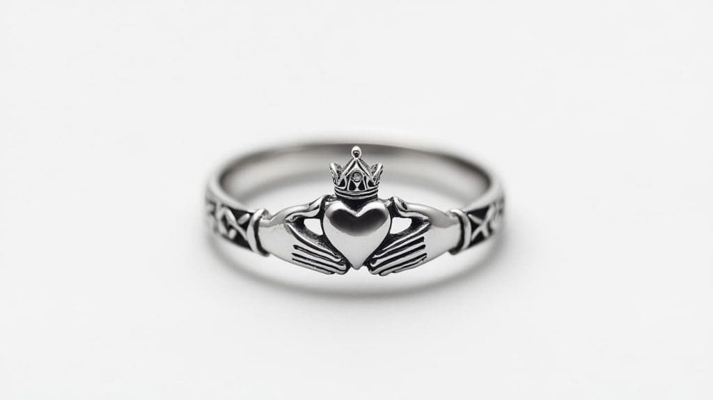A silver Claddagh ring with a crowned heart held by two hands, viewed head-on against a white background, emphasizing its symbolic elements of love, loyalty, and friendship.