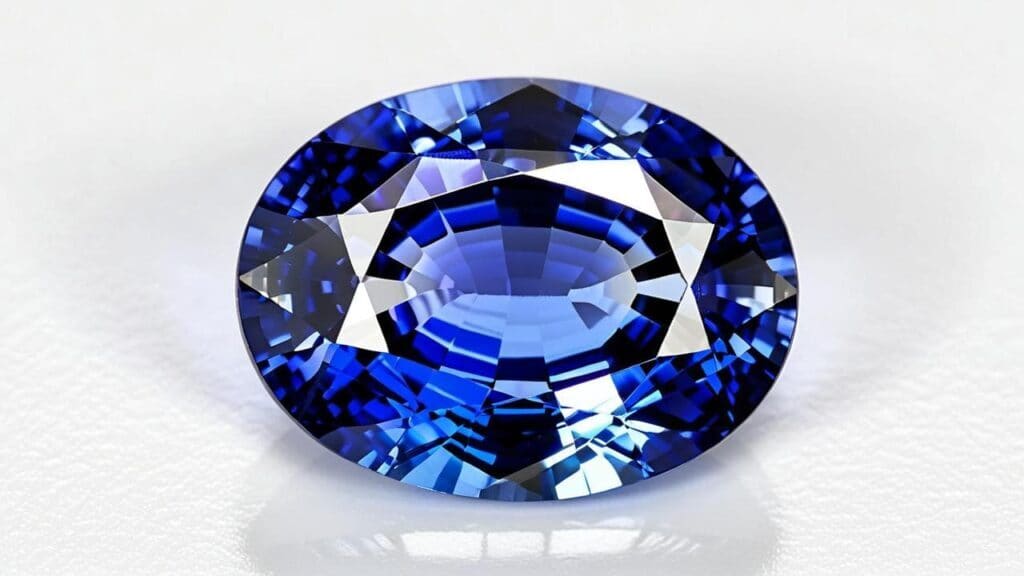 Close-up of a synthetic overgrowth blue sapphire with an oval cut, showcasing deep blue hues and brilliant facets.