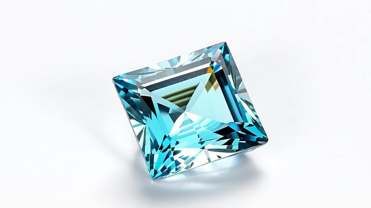 Princess-cut aqua blue topaz on a white background