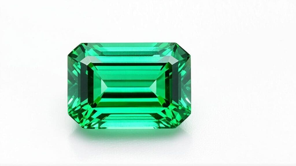 Synthetic overgrowth emerald with a vivid green color and classic emerald cut, displaying sharp step-cut facets.