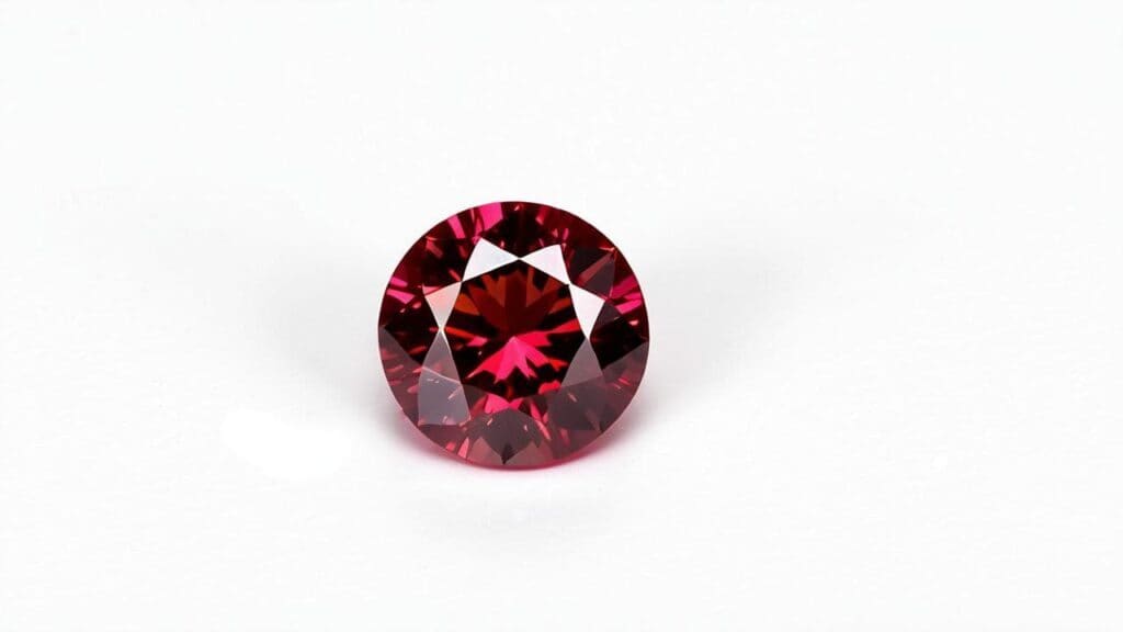 Round-cut synthetic overgrowth ruby with a deep red hue and brilliant facets, reflecting exceptional clarity.