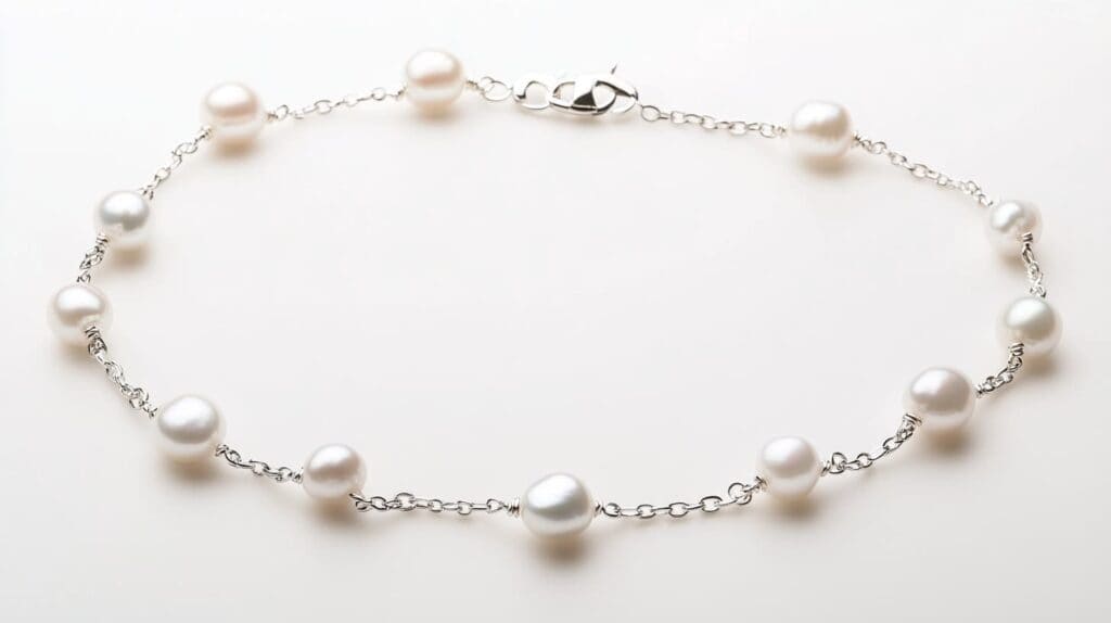 Elegant vegan bracelet made with synthetic pearls and silver chain links, offering a cruelty-free alternative to traditional pearl jewelry.