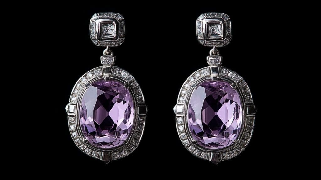 A pair of elegant earrings featuring oval-cut purple Taaffeite gemstones surrounded by sparkling diamonds, set in white gold, displayed on a black background.