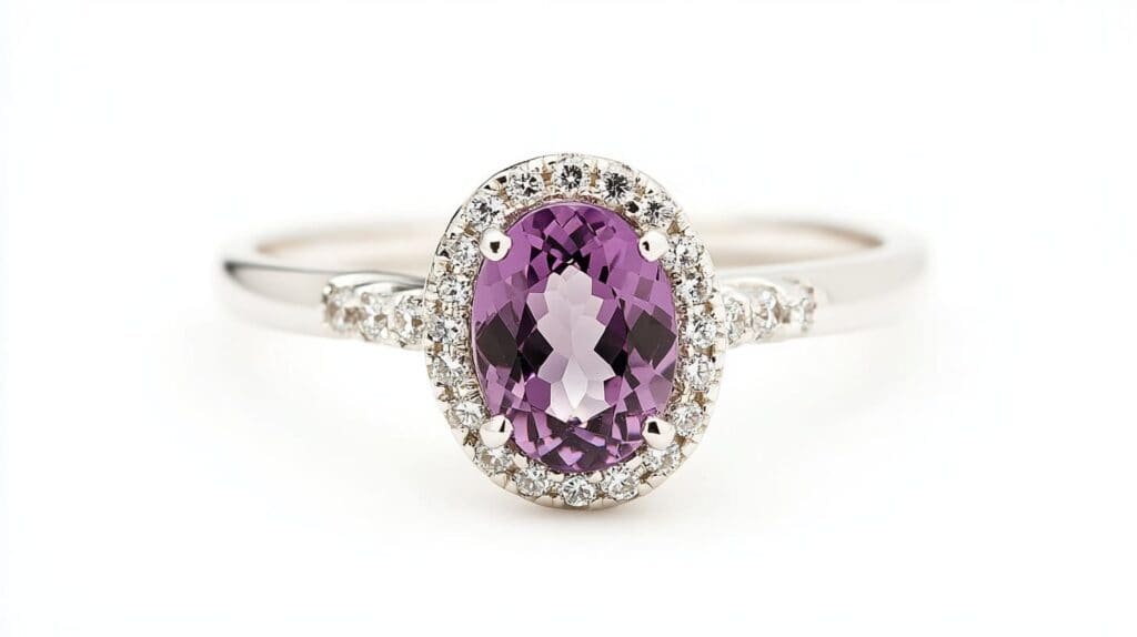 A close-up of an engagement ring featuring an oval purple Taaffeite gemstone surrounded by a halo of diamonds, set in white gold on a white background.