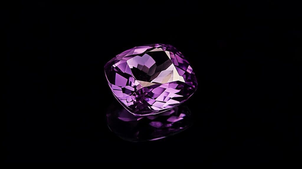 A cushion-cut purple Taaffeite gemstone reflecting light, shown at an angle on a black background, highlighting its brilliance and faceting.