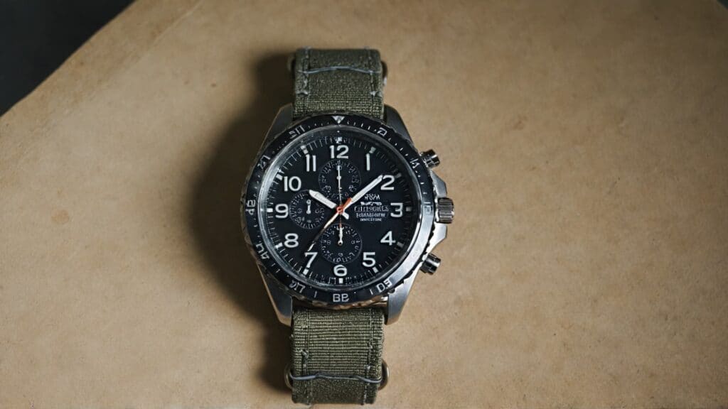 Tactical field watch with chronograph function on green canvas NATO strap demonstrating rugged outdoor timepiece design