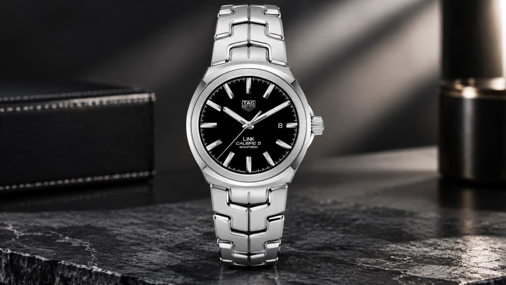 TAG Heuer Link Calibre 5 automatic watch with black dial and steel bracelet