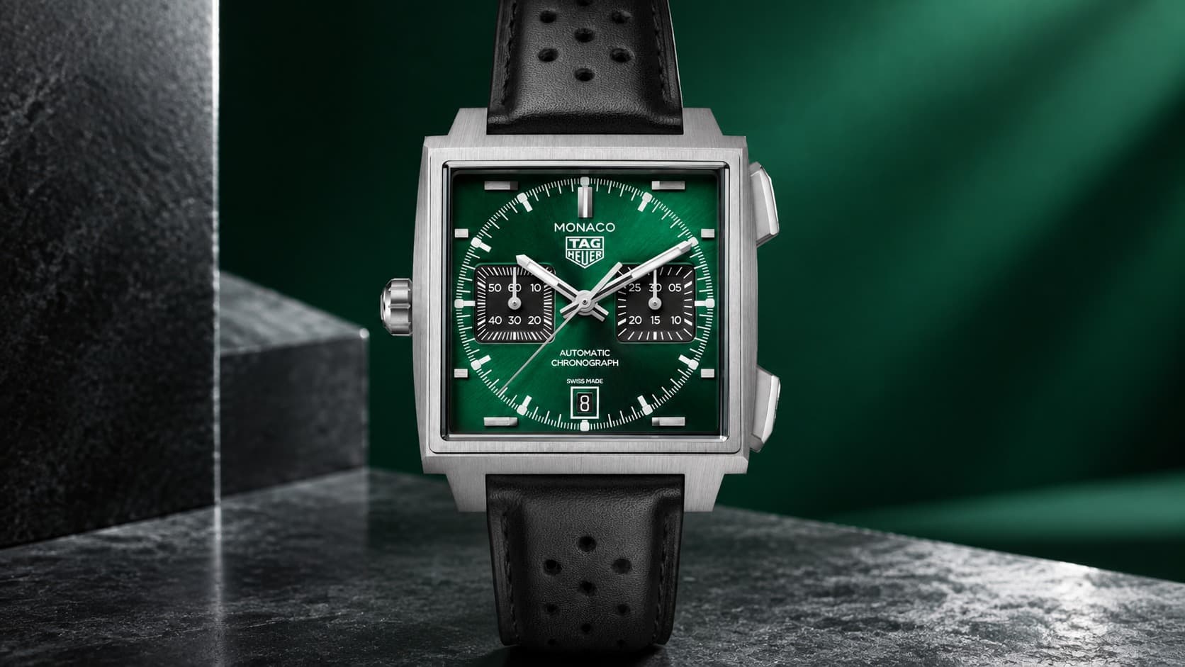 TAG Heuer Monaco Chronograph with green dial and black perforated leather strap