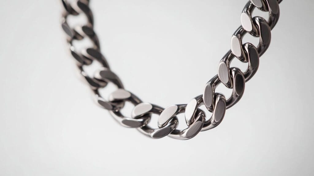 Polished tantalum chain necklace featuring interlocking links, highlighting the metal's strength and sleek aesthetic in contemporary jewelry design.
