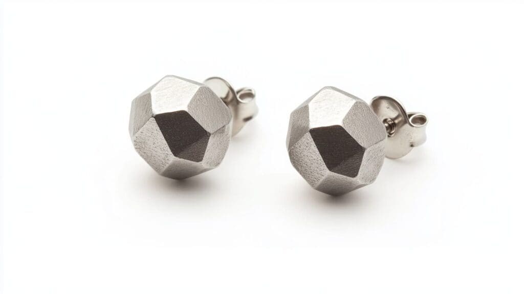 Faceted tantalum stud earrings with a matte finish, showcasing the metal's durability and modern geometric design for everyday wear.