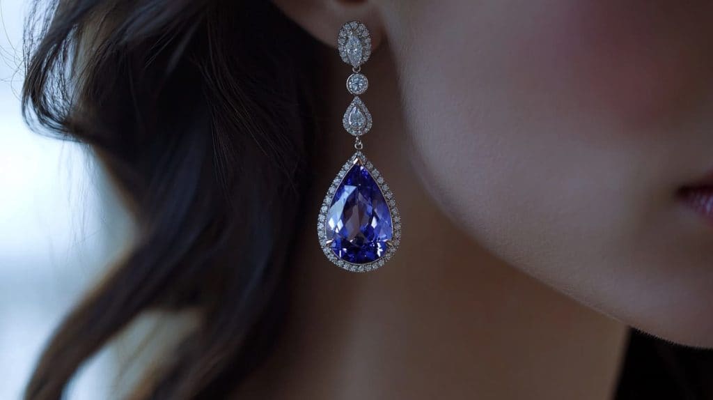 Woman wearing a luxurious tanzanite and diamond drop earring with a teardrop design, capturing the vibrant purple-blue hues of the tanzanite stone.