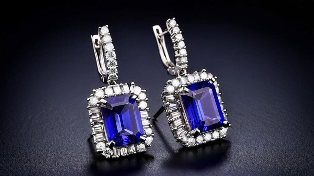 Pair of tanzanite and diamond halo earrings featuring vivid blue-violet gemstones in a rectangular cut
