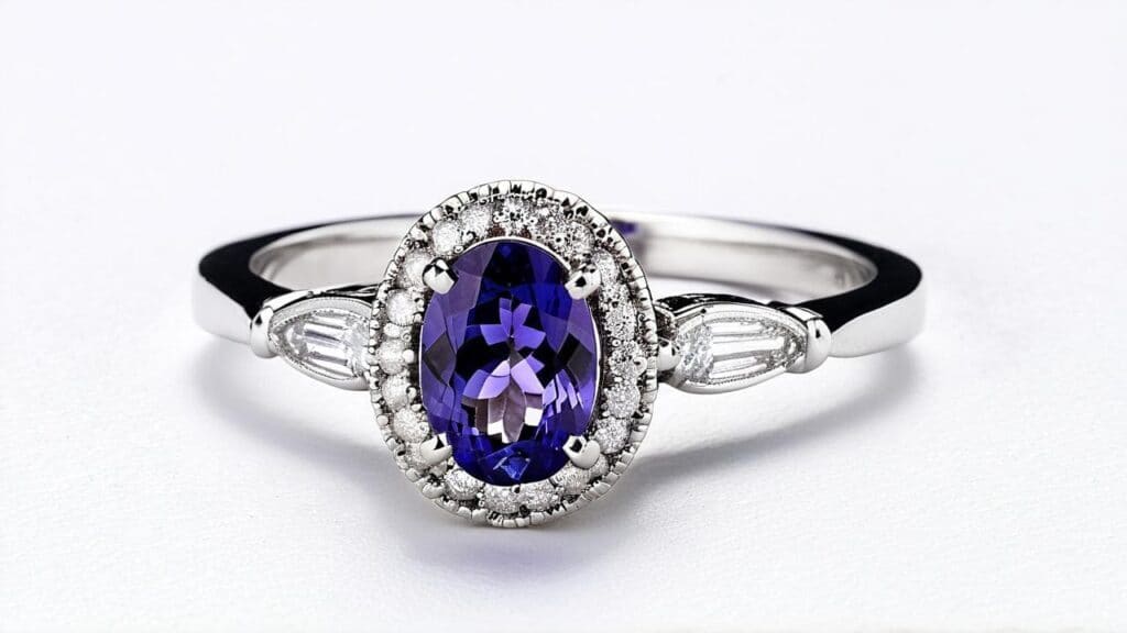 Elegant tanzanite engagement ring with oval blue-violet gemstone and diamond accents on a white gold band