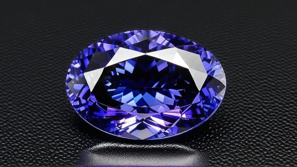 A stunning oval-cut tanzanite gemstone, displaying deep blue and violet hues. Tanzanite is a sought-after collector’s gem, found only in Tanzania.