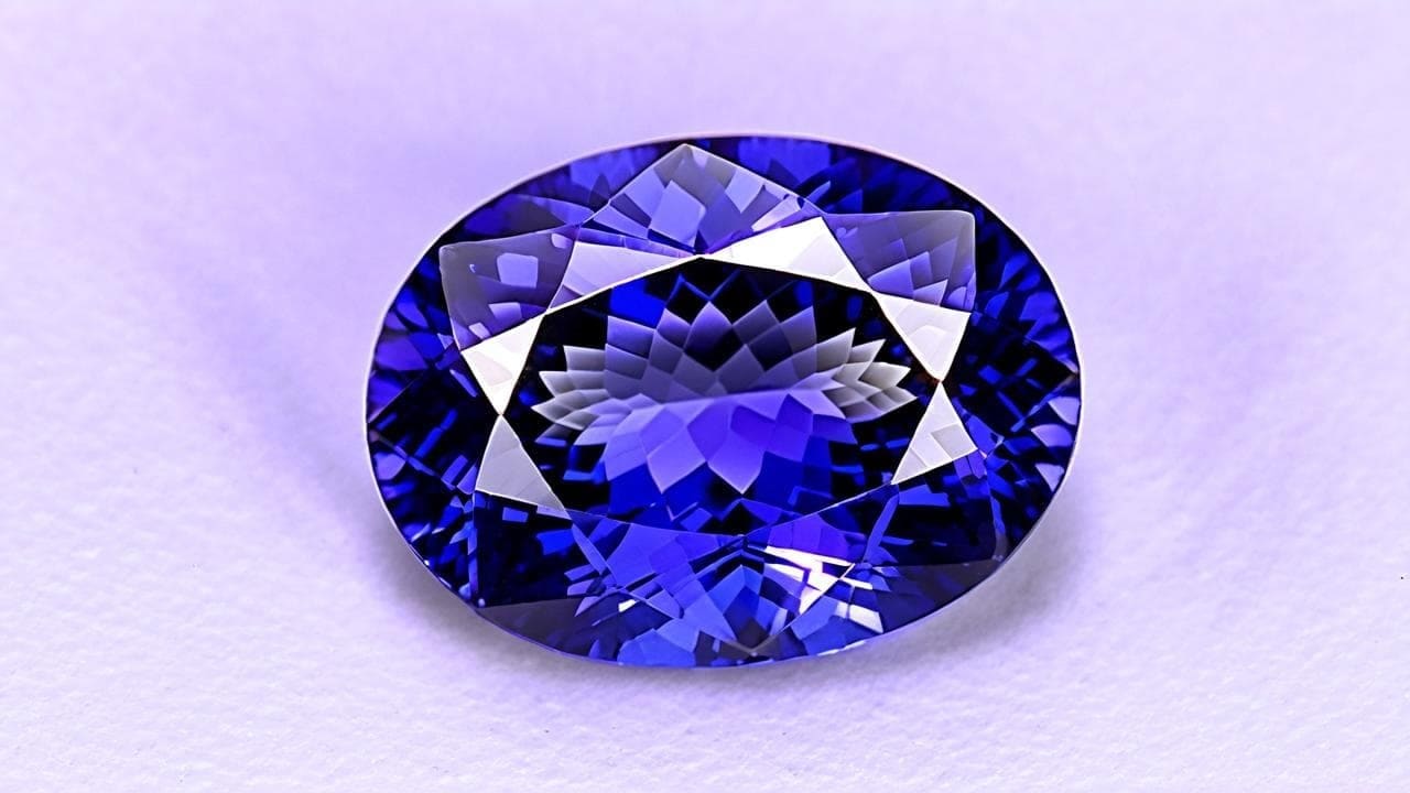 Oval tanzanite showing blue and violet pleochroic flashes on lilac