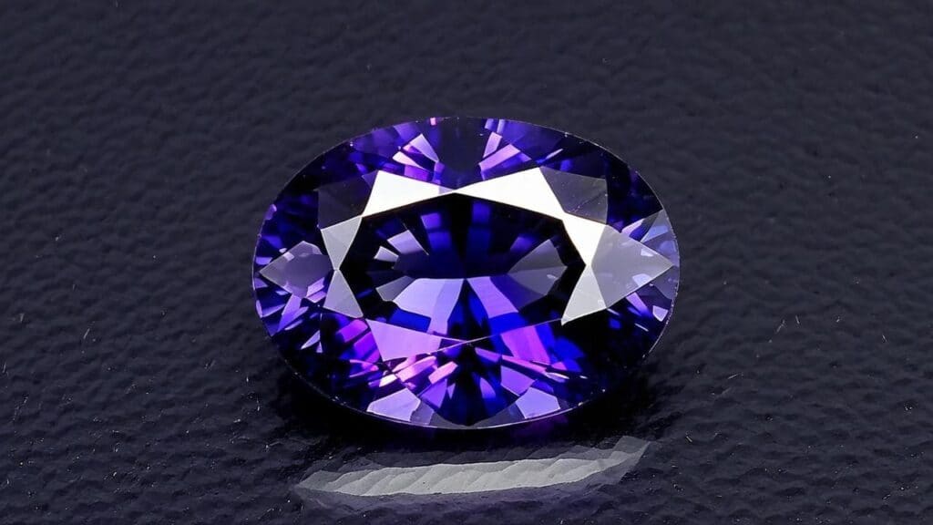 Oval-cut tanzanite gemstone displaying trichroism with vivid blue and purple pleochroic colors