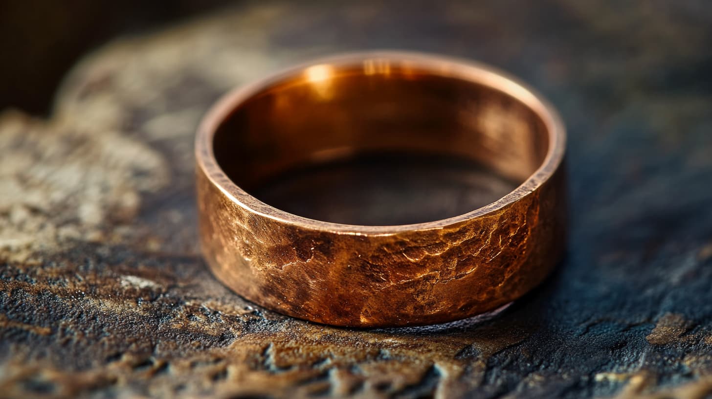 Close-up of a hammered copper ring with dark tarnish on textured stone