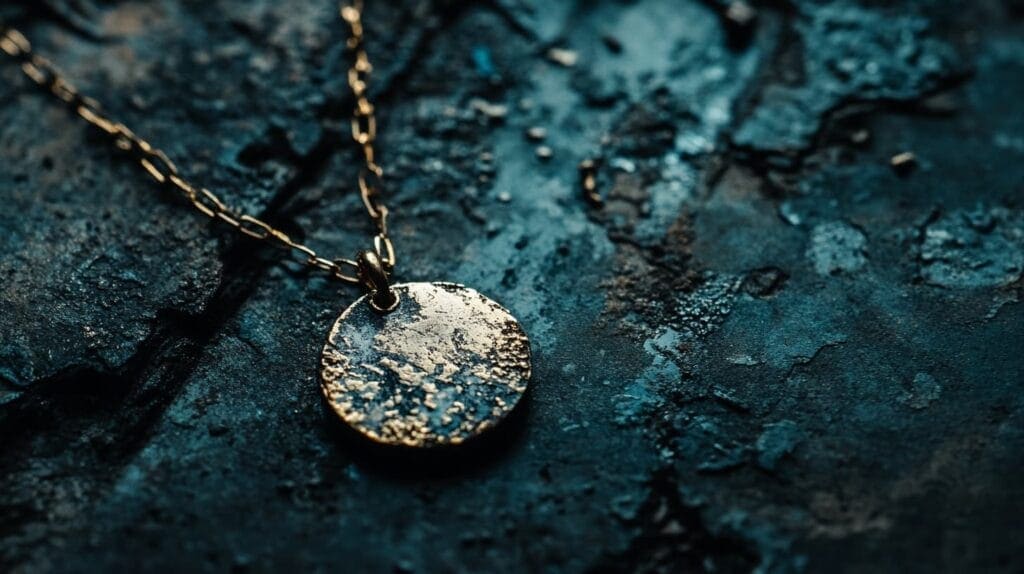 Gold pendant with visible tarnish on a dark background, illustrating discoloration caused by chemical reactions over time.