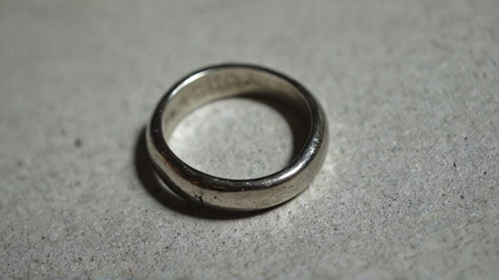 Tarnished silver ring showing damage from skincare products on textured surface