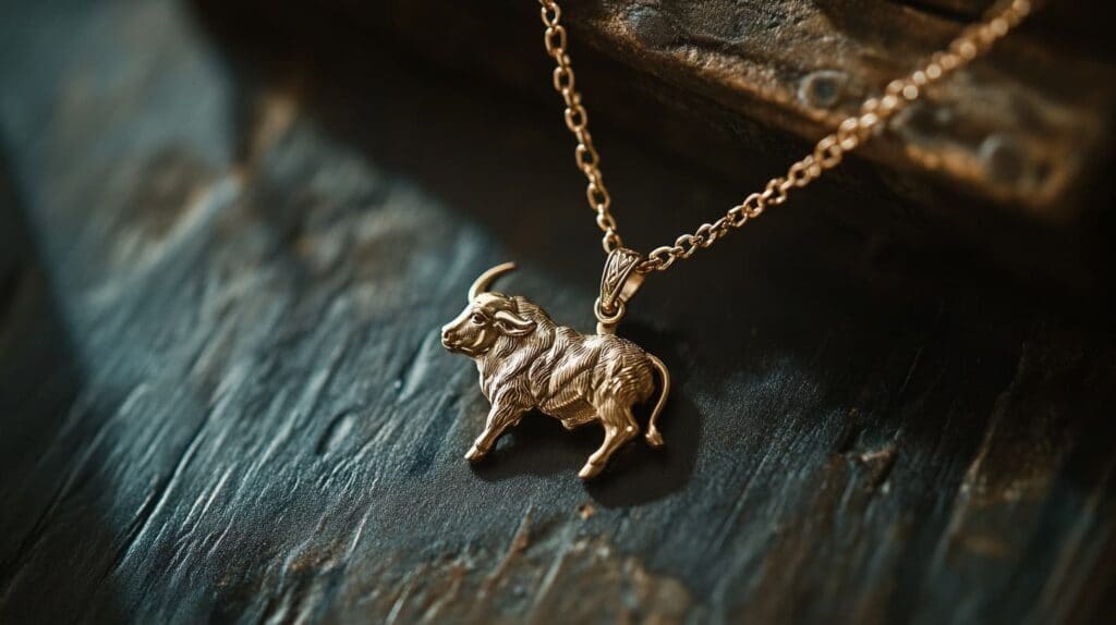 Gold Taurus zodiac necklace with a detailed bull pendant, symbolizing determination and the grounded nature of the Taurus sign.